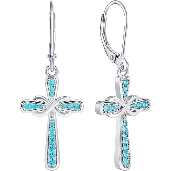 Cross Silver Infinity Dangle Drop Earrings Birthstone - 03-aquamarine-Mar